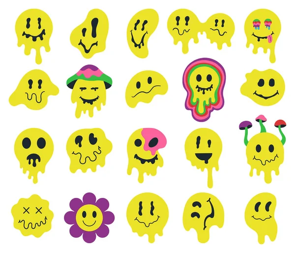 Derretir caras sonrientes psicodélicas, gotear personajes geniales. Loco graffiti sonrisa emoji, expresiones faciales mascotas vector ilustración conjunto. Goteando caras emoji sonrientes — Vector de stock