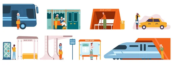 Public transport passenger characters, people in subway and bus stop. Urban city transport passengers isolated vector illustration set. City public transport — Archivo Imágenes Vectoriales