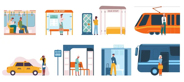 People in public transport, bus and subway, public transport passengers. City transport passenger characters isolated vector illustration set. Urban public transport scenes — Vettoriale Stock