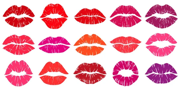 Mujer labios lápiz labial rojo beso impresiones, labios besos elementos. Los labios femeninos besan las huellas, la mujer rojo lápiz labial beso formas vector ilustración conjunto. Amor beso labios impresiones — Vector de stock