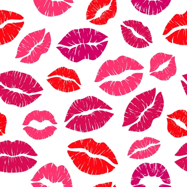 Women red lipstick romantic kiss seamless pattern. Female red lipstick prints, love kiss shapes vector background illustration. Sexy lip kiss pattern — Archivo Imágenes Vectoriales