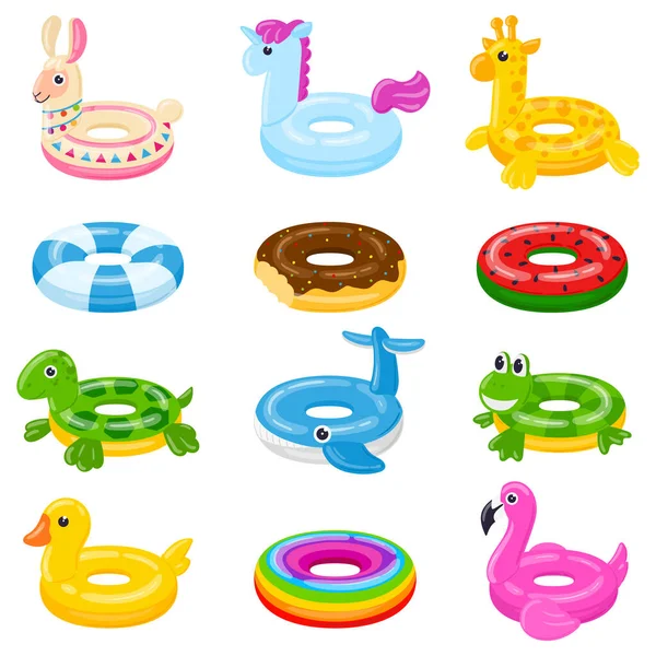 Cartoon swim rings, pool games rubber toys, colorful lifebuoys. Swimming circles, cute pool watermelon, donut and duck toys vector illustration set. Summer swimming lifebuoys — Stok Vektör