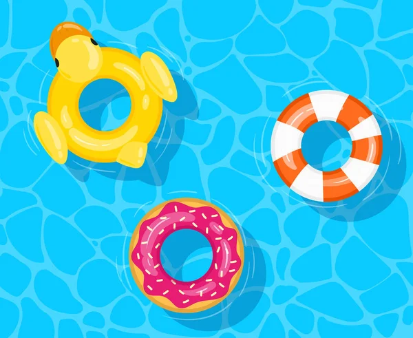 Cartoon pool swimming circles, floating rubber swim rings. Summer water toys in pool, floating inflatable lifebuoys vector background illustration. Pool swimming circles — Vector de stock