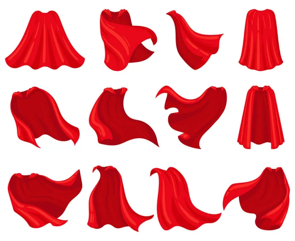Supereroe dei cartoni animati mantelli rossi, mantello scarlatto. Costume da supereroe di seta, mantelli da eroe scarlatto set illustrazione vettoriale. Supereroe rosso mantelli tessili — Vettoriale Stock