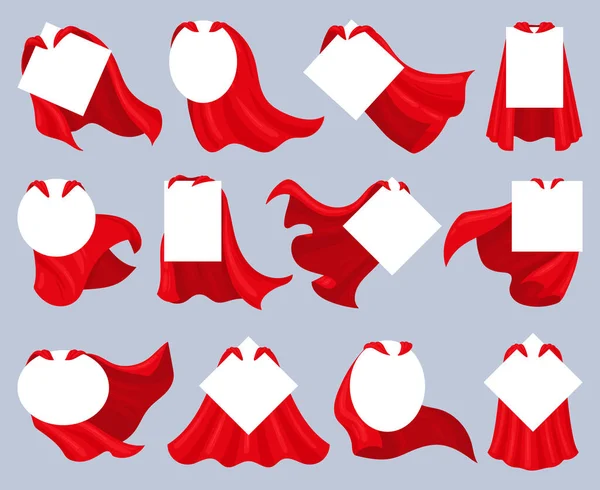 Cartoon superhero cloaks with empty posters, scarlet capes covers. Hero fabric cloaks with blank badges vector illustration set. Red super heroes cloaks cover — 图库矢量图片