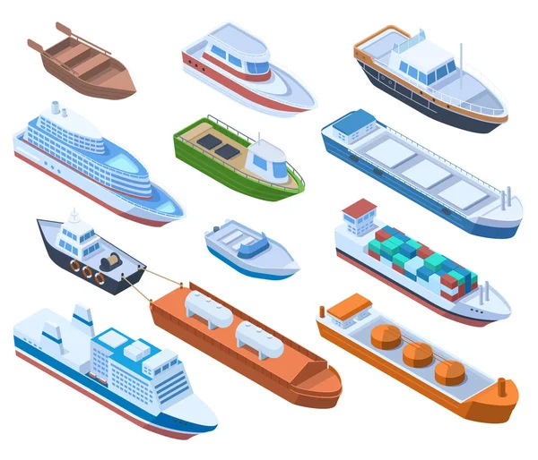 Pasajeros isométricos, buques de carga marítima, barcos comerciales y veleros. Conjunto de ilustración de vectores de transporte de agua, barcos, cruceros y buques de pasaje. Buques marítimos comerciales — Archivo Imágenes Vectoriales