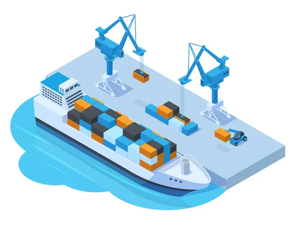 Isometrisk hamntjänst, pråm, container och kran. Marina sjötransporter kusthamn koncept vektor illustration. Logistik och sjöfart för båtfrakt — Stock vektor