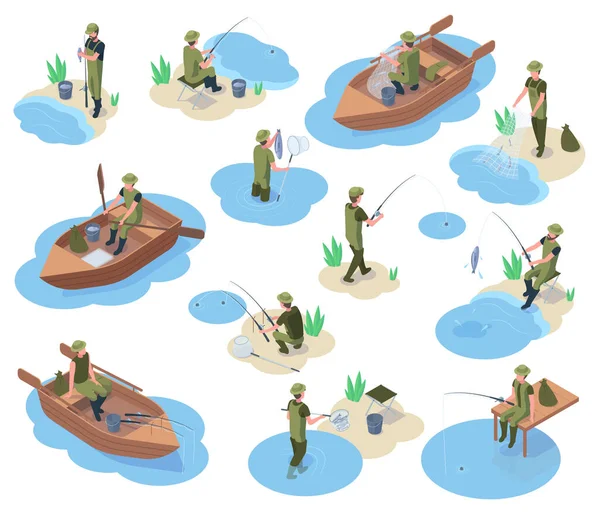 Pescadores isométricos capturando peces, embarcaciones y equipo de pesca. Río o estanque de pesca aislado 3d vector ilustración conjunto. Pescador personajes humanos — Archivo Imágenes Vectoriales