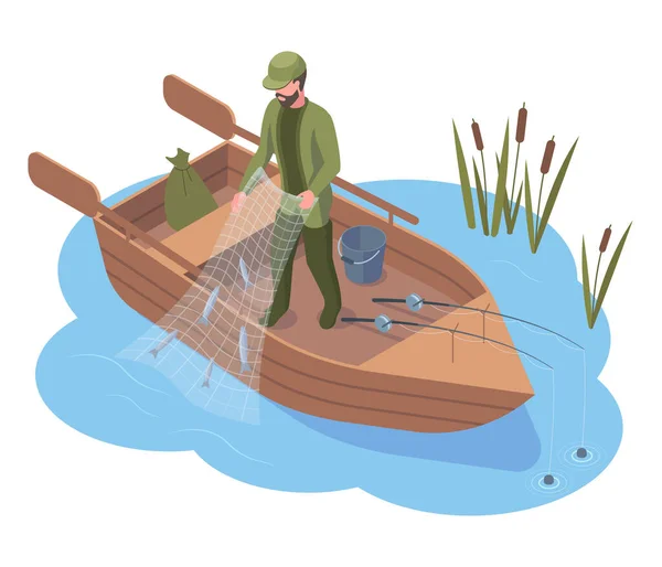 Isometric fisherman character fishing in river used fishing equipment. Fisherman catches fish using fishing equipment vector illustration. River or pond fishing — Stock vektor