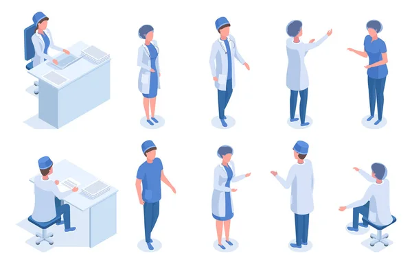 Isometric medical workers, doctor, nurse, dentist and anaesthesiologist. Hospital medical staff, medic characters vector illustration set. Healthcare employees — Stockový vektor