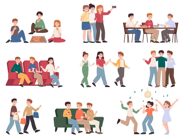 Friends gathering together, young friends chatting, shopping, dancing. Young friends have fun and spend time together vector illustration set. Friendship scenes — Stok Vektör