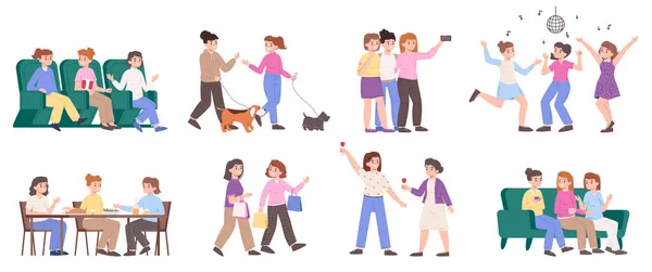 Girlfriends spend time together, female friendship entertainment. Women friends chatting, shopping and dancing vector illustration set. Girlfriends gathering together — Wektor stockowy