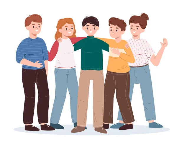 Happy friends group gathering, holding hands and hugging together. Young friends diverse group standing together vector illustration. Friendship and communication concept — Wektor stockowy