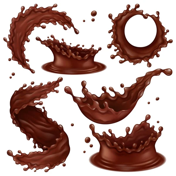 Realistic chocolate splashes, liquid hot chocolate swirls and drops. Dripping dark chocolate splashes vector illustration set. Delicious chocolate elements —  Vetores de Stock