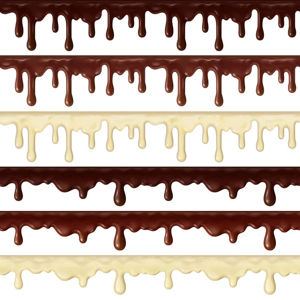 Ρεαλιστική γλυκιά σοκολάτα στάζει, ρέει ζεστό σύνορα σοκολάτας. Νόστιμες σταγόνες σοκολάτας, υγρό frosting ρέματα διανυσματική εικονογράφηση σετ. Στάγδην σοκολατένια στοιχεία — Διανυσματικό Αρχείο