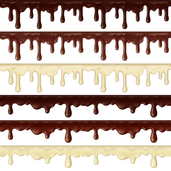 Realistic sweet chocolate dripping, flowing hot chocolate borders. Delicious chocolate drips, liquid frosting streams vector illustration set. Dripping chocolate elements — Stockvektor