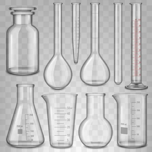 Realistiska laboratorieglas, glasprovrörsbägare och kolv. Kemisk laboratorium transparent glas 3D utrustning vektor illustration set. Laboratorieglas — Stock vektor