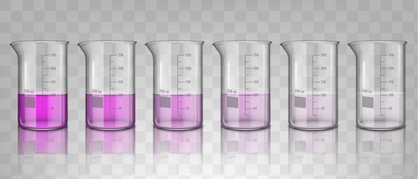 Realistic chemical beakers with solution in different concentration. Chemical lab glassware filled with substance solution vector illustration. Lab measuring glassware — Stock vektor