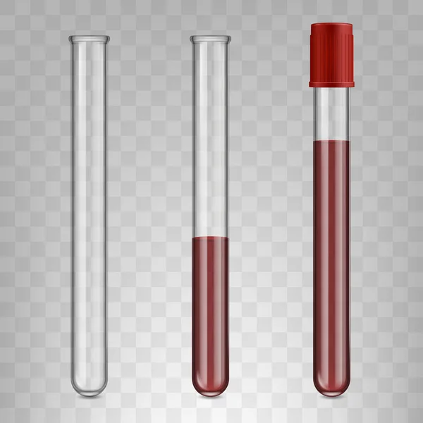 Realistic glass test tubes filled with blood, blood test medical concept. Medical laboratory test tubes filled with blood vector illustration. Blood test lab glassware — Archivo Imágenes Vectoriales