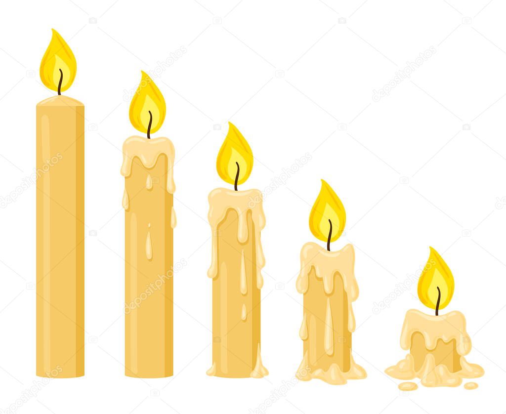 Cartoon burning candles, wax candle burning stages. Melting candles with dripping wax isolated vector illustration. Burning yellow candles