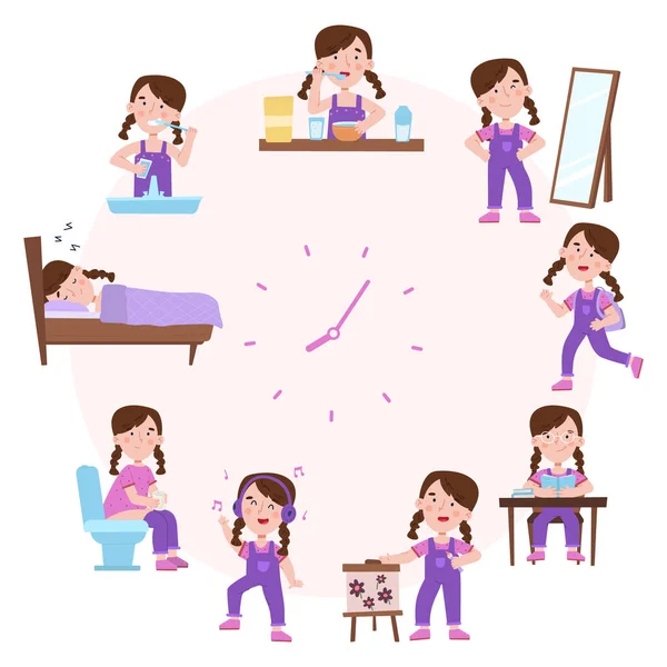 Dagligt sömn- och väckningsschema för barn, rutinaktiviteter för flickor. Söt flicka dagliga rutin klocka ansikte vektor illustration. Kid äta, sova rutin — Stock vektor