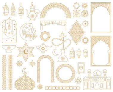 Traditional arabic muslim oriental gold decorative elements. Arabic mosque, arch, hookah, eastern lantern, patterned borders vector illustration set. Oriental arabic symbols