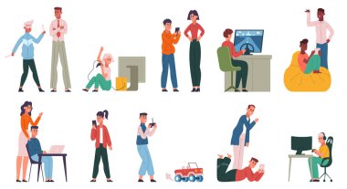 Video games addiction, kids or teenagers gamers with angry disgruntled parents. Video game addiction family quarrel vector illustration set. Kids gadget addiction issue