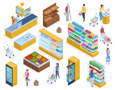 Bazı insanlar market alışverişi yapar, süpermarket alışverişi yapar. Müşteriler market market vektör illüstrasyon setinden yiyecek alıyorlar. Market ya da süpermarket alışverişi