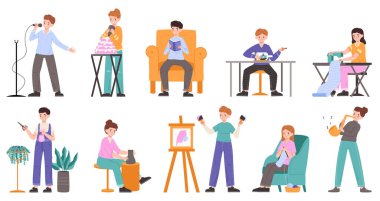 People handicraft hobbies, creative arts occupations professionals. Creative professions and hobbies, drawing, singing, knitting vector illustration set. Artistic occupations