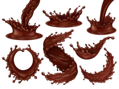 Realistic chocolate frosting splashes, streams and hot dark chocolate swirls. Delicious desserts dynamic splashes and drops vector illustration set. Liquid chocolate splashes