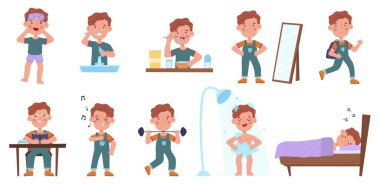 Günlük rutin aktiviteler, küçük adam uyuyor ve uyanma programı. Küçük çocuk yemek yiyor, uyuyor ve vektör illüstrasyon setini okuyor. Günlük çocuk programı