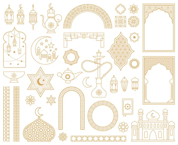 Elementos decorativos tradicionales de oro oriental árabe musulmán. Mezquita árabe, arco, narguile, linterna oriental, conjunto de ilustración de vectores de fronteras estampadas. Símbolos árabes orientales — Vector de stock