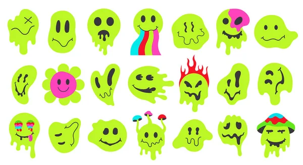Neon melting smiling faces, retro doodle dripping smile emoji. Psychedelic groovy characters, graffiti smile emoji face vector illustration set. Funny emoji face mascots — Stock Vector