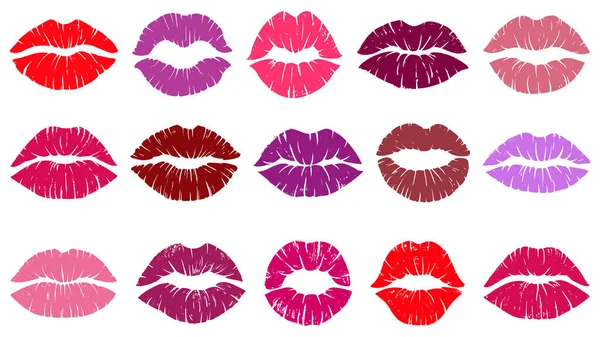 Female red lips prints, love kiss lip print. Woman lipstick kiss prints, sexy mouth kiss shapes vector illustration set. Romantic kiss prints — Archivo Imágenes Vectoriales