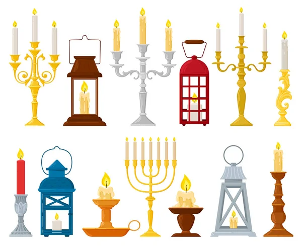 Kreskówkowe stare świeczniki, lampy, świeczniki i świeczniki. Retro świeczniki, średniowieczne dekoracyjne lampiony wektor ilustracji zestaw. Starożytne świeczniki — Wektor stockowy