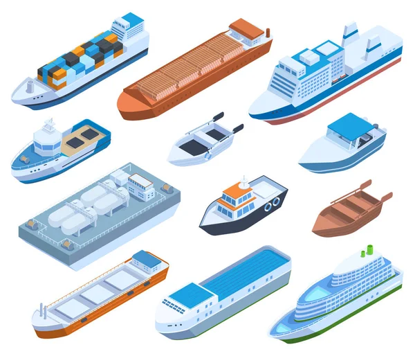 アイソメトリックコマーシャルシー船、ヨット、バージ、クルーズ、セーリングボート。乗客、貨物船、ヨットやボート船のベクトルイラストセット。水上交通 — ストックベクタ