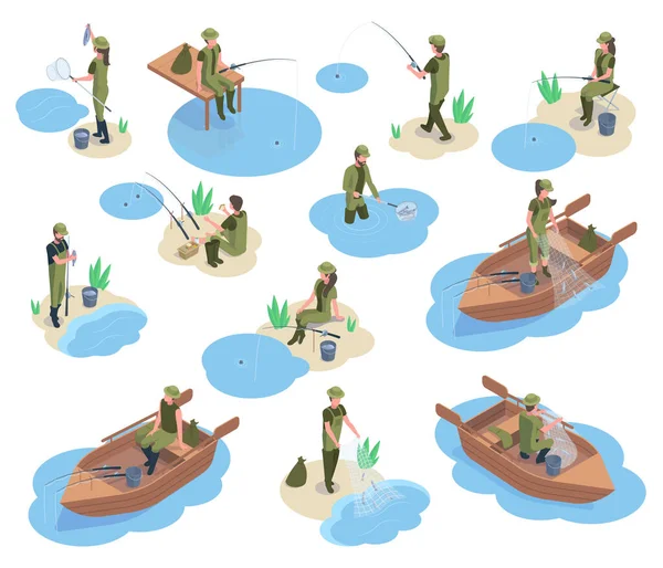 Pêcheurs isométriques personnages, 3d rivière ou étang de pêche. Personnages utilisant l'équipement de pêche, bateau, matériel et canne à pêche vectoriel illustration ensemble. Personnages de pêcheur — Image vectorielle