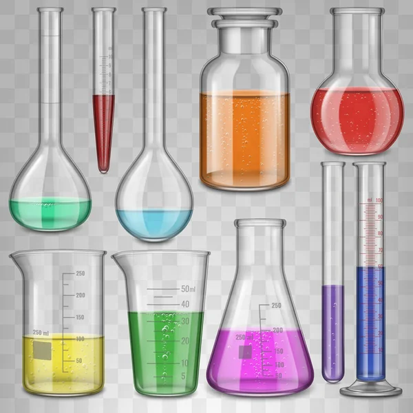 Realistic chemical lab glass beaker, filled test tubes, flask, glassware equipment. Laboratory chemical tests glassware vector illustration set. Lab measuring equipment — Stock vektor