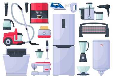 Ev aletleri, elektrikli süpürge, ütü ve kahve makinesi. Buzdolabı, blender ve tost makinesi elektronik aletleri vektör illüstrasyon seti. Elektrikli ev aletleri