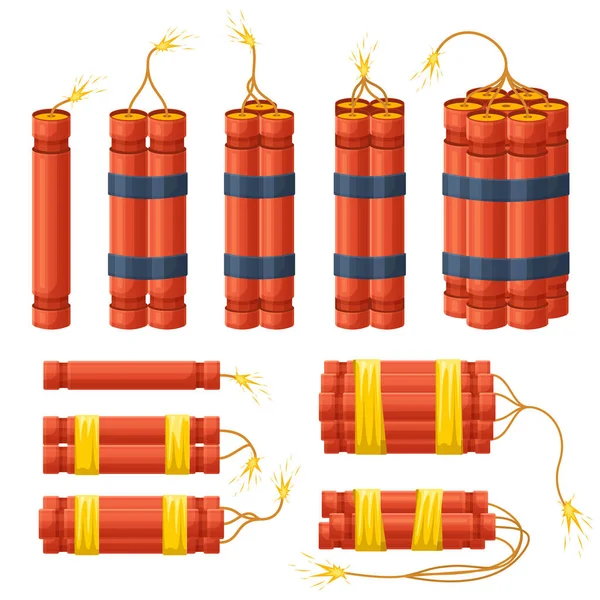 Bastoncini esplosivi di dinamite, pedine esplosive di dinamite pirotecniche. Bomba dinamite rossa che brucia bastoni vettore illustrazione set. Masterizzazione di controllori dinamite — Vettoriale Stock