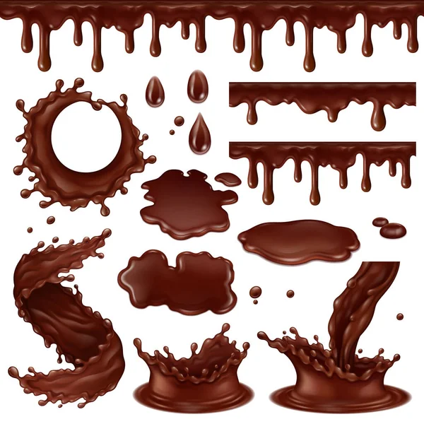 Elementos de chocolate realistas, gotas de cacau quentes, redemoinhos e salpicos. Gotejando molho de cobertura de chocolate conjunto de ilustração vetorial. Salpicos de sobremesa de chocolate líquido —  Vetores de Stock