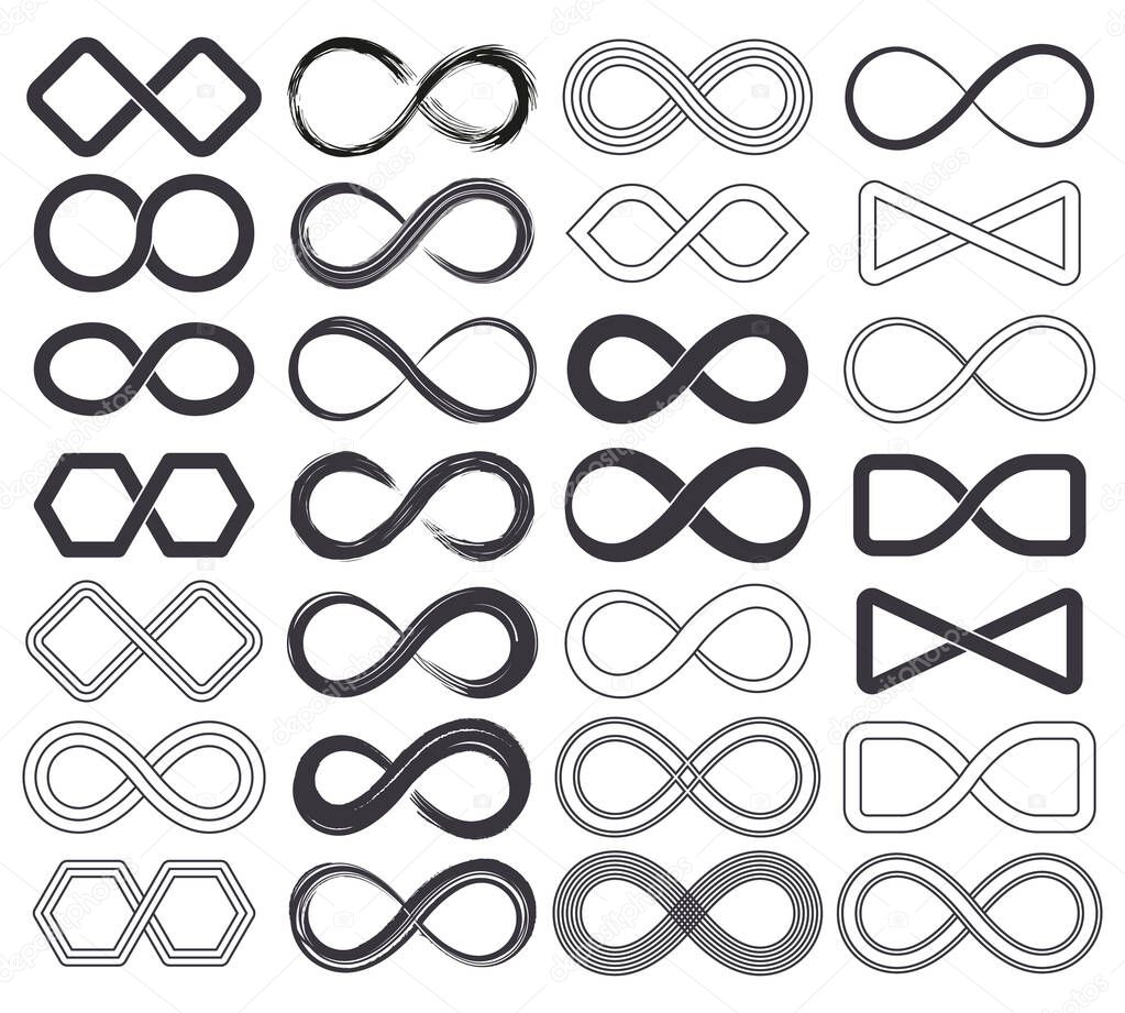 Infinity unlimited symbols, eternal endless cyclical icons. Abstract limitless infinite loop vector symbols set. Endless eternity signs