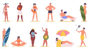 Yaz sahili aktivite karakterleri, insanlar güneşleniyor ve yüzüyorlar. Tatil plajı aktiviteleri, ekstrem su sporları veya okuma vektörü çizimleri. Plaj insanları