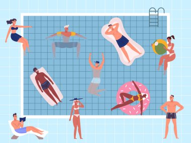 Yaz havuzu parti karakterleri, yüzme ve insanları rahatlatma. Havuz aktiviteleri, plastik şiltelerde yüzen ya da su vektörü resimlerinde yıkanan insanlar. Yaz etkinliği