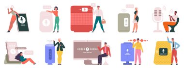 İnsanlar sesli hoparlör ya da sanal ses asistanı kullanıyor. Ses asistanı cihazlı çizgi film kullanıcısı, vektör illüstrasyon seti. Dijital ses asistanları