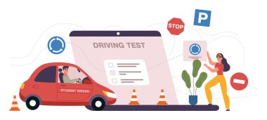 Ehliyet kursunda, ehliyet sınavında ve uygulama konseptinde insanlar öğreniyor. Sınavları geçen öğrencileri sürmek vektör illüstrasyonudur. Araba kullanma kursu konsepti