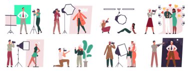 Fotoğraf stüdyosu sahneleri, resim çeken fotoğrafçılar ve aile. Stüdyoda fotoğrafçı vektör illüstrasyon setine sahip profesyonel fotoğrafçı. Fotoğraf sahneleri