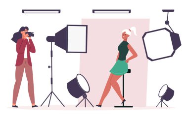 Profesyonel fotoğraf çekimi sahnesi, fotoğrafçı çekim modeli. Fotoğrafçı için poz veren kız, moda fotoshoot vektör çizimi. Fotoğraf stüdyosu sahnesi
