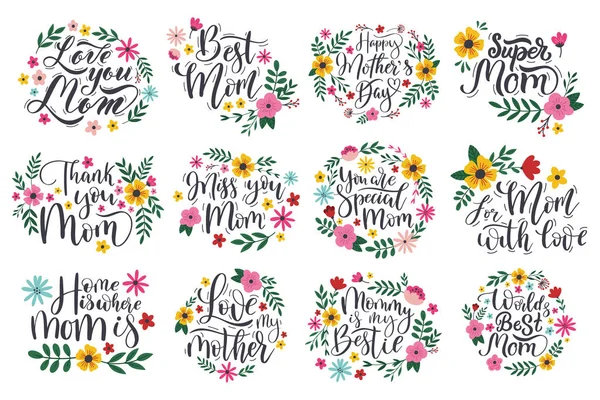 Anyák napja idézetek, üdvözlőkártyák elemei. Boldog anyák napi kalligráfia betűk kifejezések vektor illusztráció készlet. Kézzel rajzolt anyák napi szimbólumok — Stock Vector