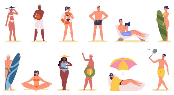 Personajes de actividades de verano en la playa, personas tomando el sol y nadando. Actividades de playa de vacaciones, deportes acuáticos extremos o juego de ilustración de vectores de lectura. Gente de playa — Vector de stock